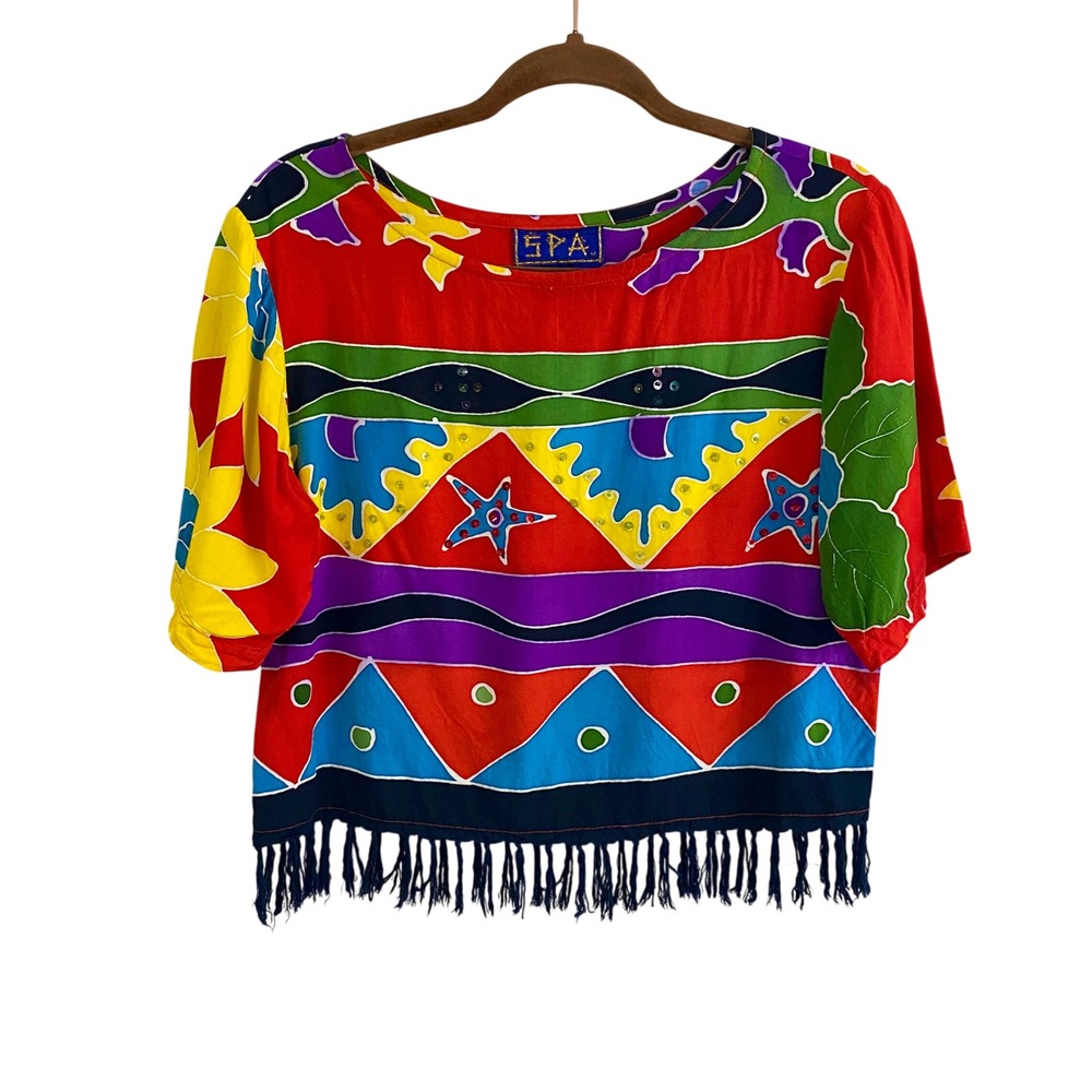VTG SPA Batik Top M Rayon Hand Made Indonesia Fringe Sequin Tropical Starfish